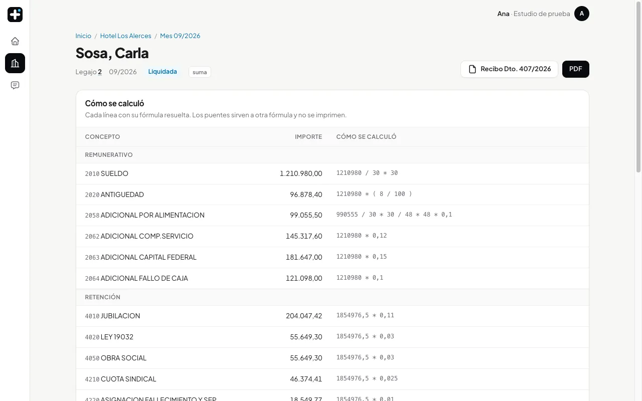 Un recibo abierto en la app: cada concepto con su importe y la fórmula que lo calculó